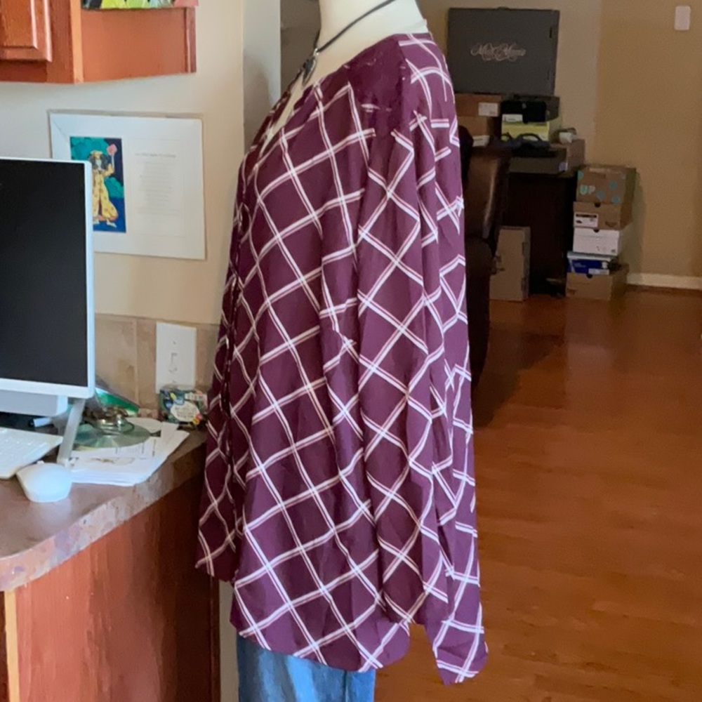Terra & Sky Burgundy Plaid with Lace Button Down Blouse Size 2X, NWT - Picture 3 of 15